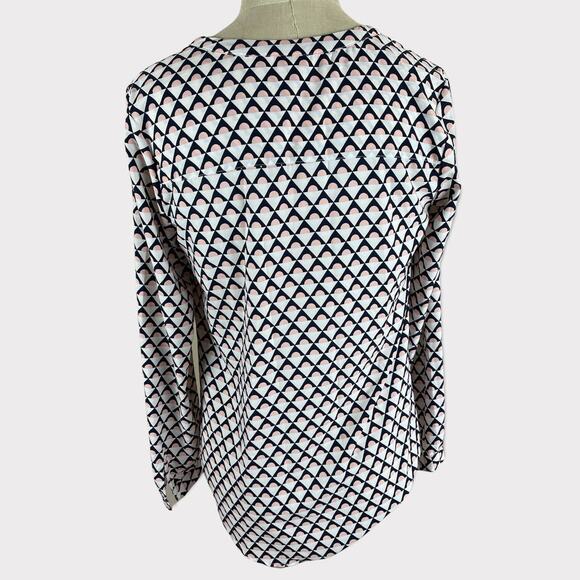 Merona Womens Medium Blouse Black White Tan Print V Neck Buttons - Picture 2 of 10